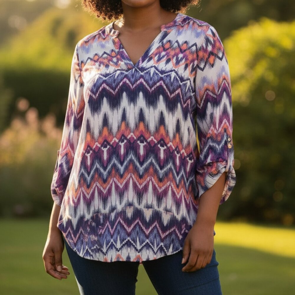 RILEY+JAMES | Multi-Color Aztec Pattern V-Neck Casual Blouse